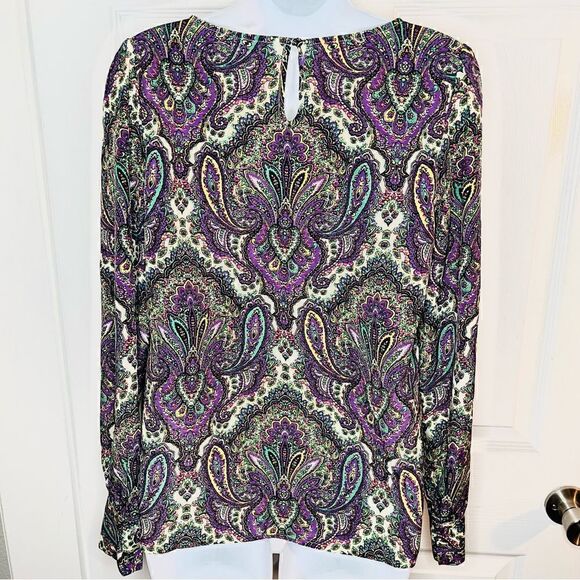 J.Crew Factory Paisley Puff Sleeve Satin Blouse Purple Cream XS - Picture 6 of 8
